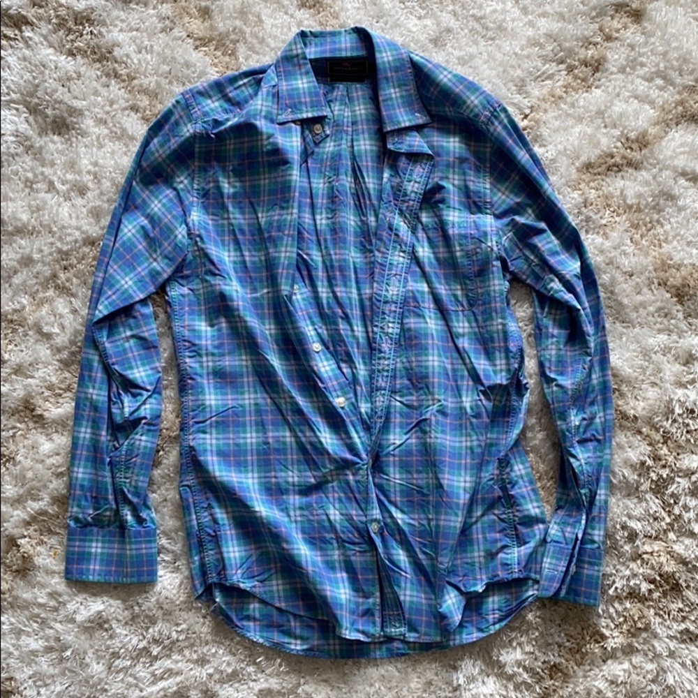 Blue Plaid Button Up w/ Coral Stripes